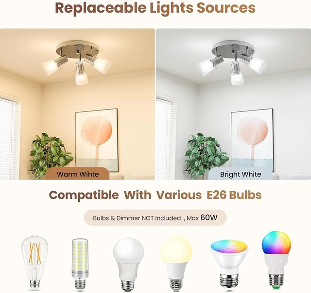 Alt view image 6 of 7 - 10 Track Lighting Kit, Brushed Nickel Finish Flush Mount Ceiling Light Fixture with Frosted Glass Shades, E26 Base Adjustable Heads Provide Directional Light (3-Light)