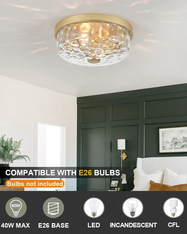 Alt view image 2 of 7 - 12 In Gold Flush Mount Ceiling Light Fixture 2-Light Hammered Glass Shade