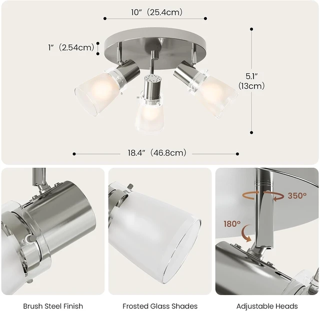 Alt view image 5 of 7 - 10 Track Lighting Kit, Brushed Nickel Finish Flush Mount Ceiling Light Fixture with Frosted Glass Shades, E26 Base Adjustable Heads Provide Directional Light (3-Light)