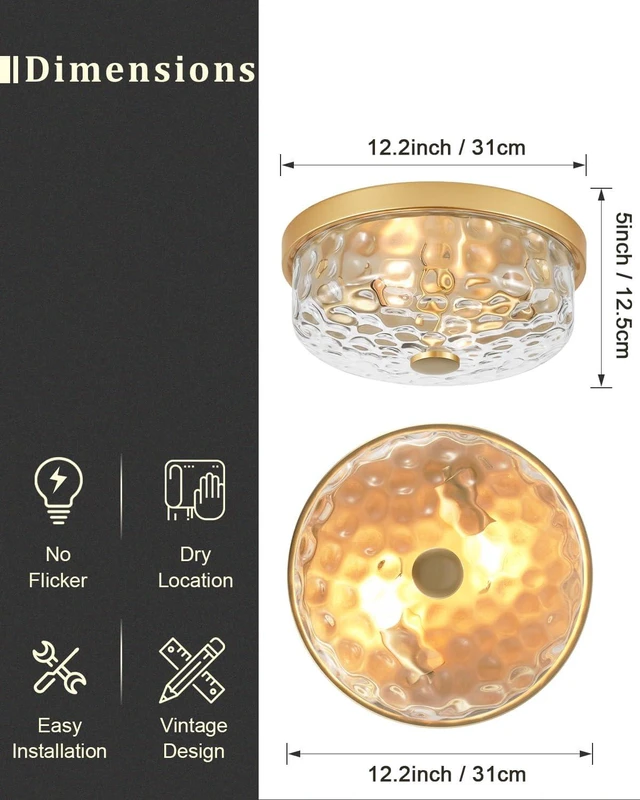 Alt view image 4 of 7 - 12 In Gold Flush Mount Ceiling Light Fixture 2-Light Hammered Glass Shade