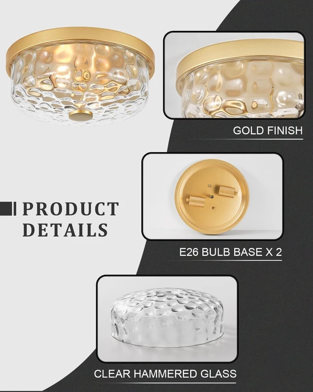 Alt view image 3 of 7 - 12 In Gold Flush Mount Ceiling Light Fixture 2-Light Hammered Glass Shade