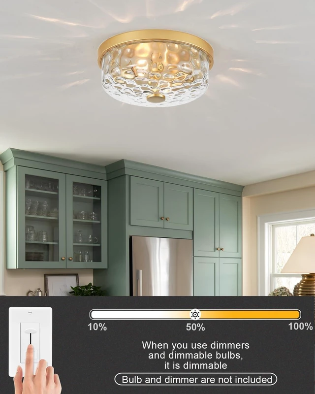 Alt view image 5 of 7 - 12 In Gold Flush Mount Ceiling Light Fixture 2-Light Hammered Glass Shade