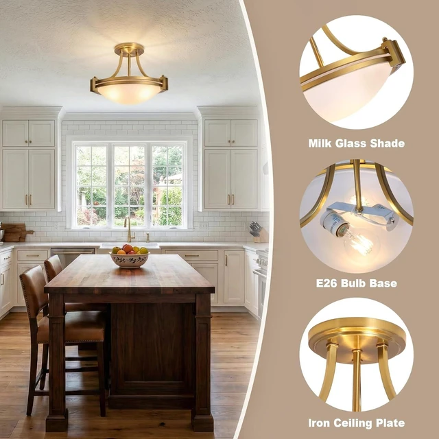 Alt view image 5 of 7 - Bektas Modern Semi Flush Mount Ceiling Light Fixture 16 inch Gold Traditional Fixture with Milk Glass for Bedroom Kitchen Bathroom Hallway Foyer Living Room Entryway Brass ETL Listed