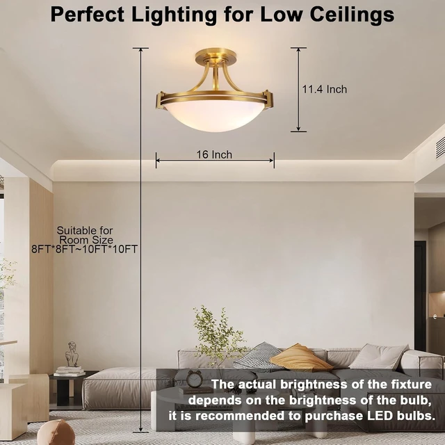 Alt view image 3 of 7 - Bektas Modern Semi Flush Mount Ceiling Light Fixture 16 inch Gold Traditional Fixture with Milk Glass for Bedroom Kitchen Bathroom Hallway Foyer Living Room Entryway Brass ETL Listed