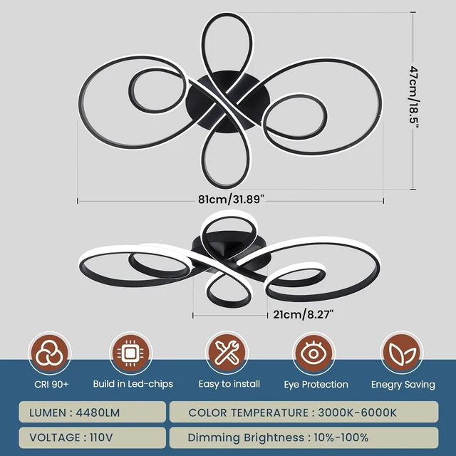Alt view image 4 of 7 - 66W Modern LED Ceiling Light, Flower Flush Mount Light Fixture with Remote Control Black Dimmable Ceiling Lamp for Living Room, Bedroom, Dining Room, Hallway, Kitchen