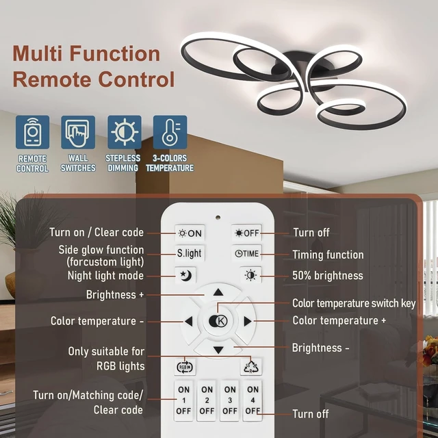 Alt view image 5 of 7 - 66W Modern LED Ceiling Light, Flower Flush Mount Light Fixture with Remote Control Black Dimmable Ceiling Lamp for Living Room, Bedroom, Dining Room, Hallway, Kitchen