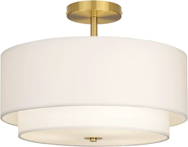 Main image of CALOKES 16" Dual Drum Gold 3-Light Semi Flush Mount Ceiling Light, Classic White Fabric Linen Shade Design for Living Room, Bedroom, Kitchen, Dining Room, Hallway and Entryway