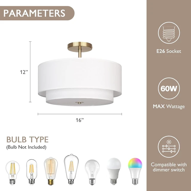 Alt view image 2 of 7 - CALOKES 16" Dual Drum Gold 3-Light Semi Flush Mount Ceiling Light, Classic White Fabric Linen Shade Design for Living Room, Bedroom, Kitchen, Dining Room, Hallway and Entryway