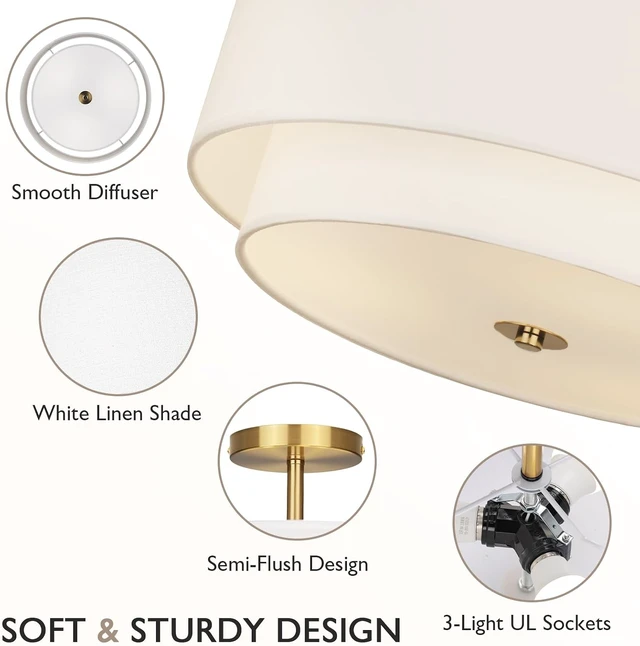 Alt view image 3 of 7 - CALOKES 16" Dual Drum Gold 3-Light Semi Flush Mount Ceiling Light, Classic White Fabric Linen Shade Design for Living Room, Bedroom, Kitchen, Dining Room, Hallway and Entryway