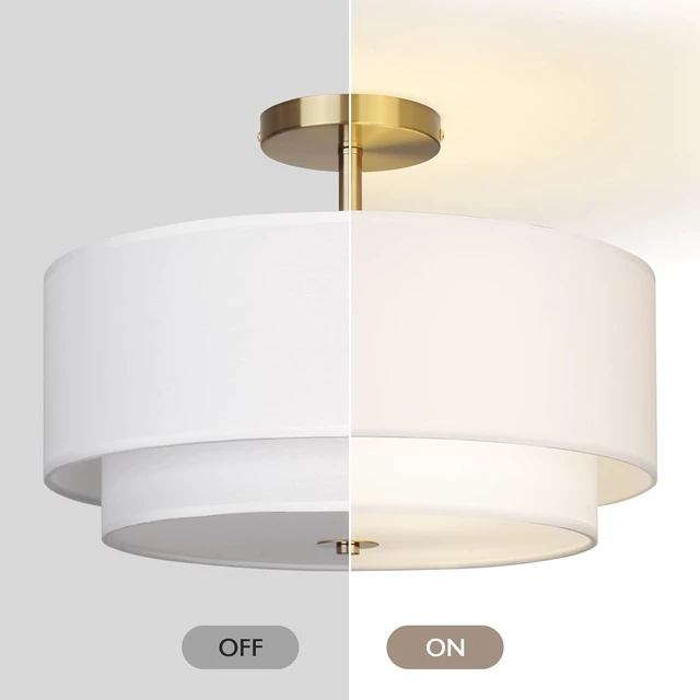 Alt view image 4 of 7 - CALOKES 16" Dual Drum Gold 3-Light Semi Flush Mount Ceiling Light, Classic White Fabric Linen Shade Design for Living Room, Bedroom, Kitchen, Dining Room, Hallway and Entryway