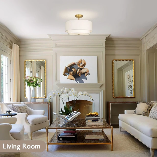 Alt view image 5 of 7 - CALOKES 16" Dual Drum Gold 3-Light Semi Flush Mount Ceiling Light, Classic White Fabric Linen Shade Design for Living Room, Bedroom, Kitchen, Dining Room, Hallway and Entryway