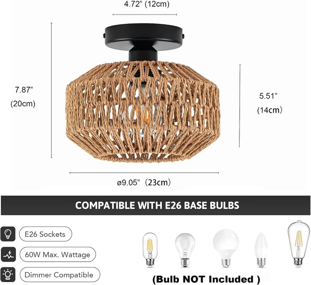 Alt view image 2 of 6 - Mini Rattan Boho Ceiling Light Fixture, Small Woven Semi Flush Mount Ceiling Light, Wicker Light Fixture Hallway,Laundry Room, Closet,Nursery E26 1 Light
