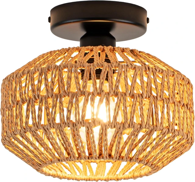 Main image of Mini Rattan Boho Ceiling Light Fixture, Small Woven Semi Flush Mount Ceiling Light, Wicker Light Fixture Hallway,Laundry Room, Closet,Nursery E26 1 Light