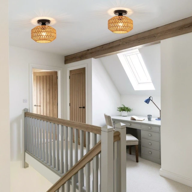 Alt view image 3 of 6 - Mini Rattan Boho Ceiling Light Fixture, Small Woven Semi Flush Mount Ceiling Light, Wicker Light Fixture Hallway,Laundry Room, Closet,Nursery E26 1 Light