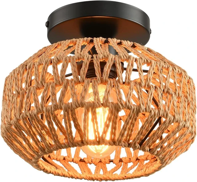 Main image of 1 Pack Farmhouse Light Fixtures Ceiling Mount,Mini Rattan Boho Semi Flush Mount Ceiling Light,Hand Woven Hallway Light Fixtures for Bedroom Entryway Nursery Study Room