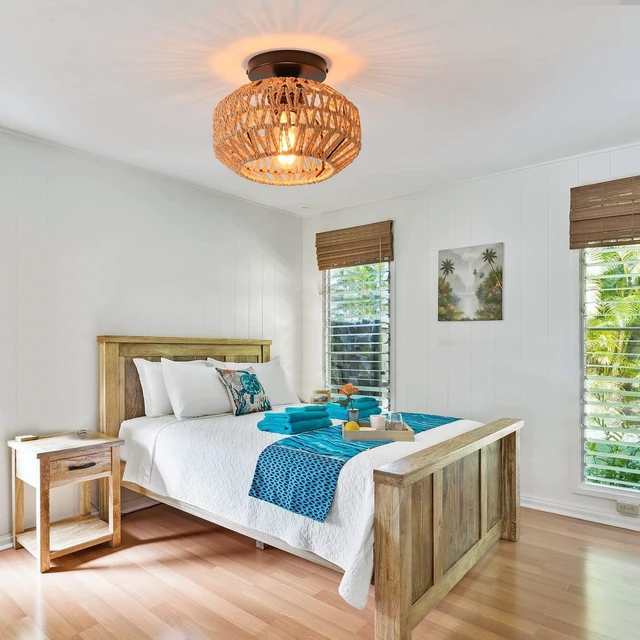 Alt view image 4 of 7 - 1 Pack Farmhouse Light Fixtures Ceiling Mount,Mini Rattan Boho Semi Flush Mount Ceiling Light,Hand Woven Hallway Light Fixtures for Bedroom Entryway Nursery Study Room