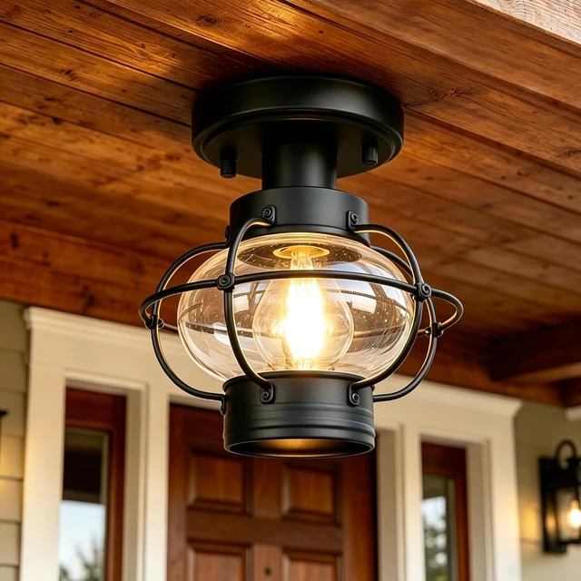 Alt view image 2 of 7 - Porch Ceiling Light, Farmhouse Industrial Flush Mount, Glass Globe E26