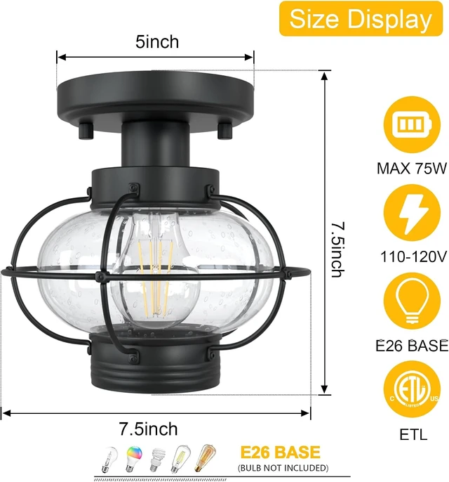 Alt view image 3 of 7 - Porch Ceiling Light, Farmhouse Industrial Flush Mount, Glass Globe E26