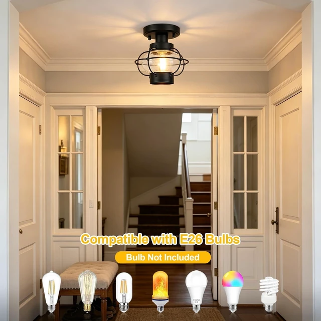 Alt view image 5 of 7 - Porch Ceiling Light, Farmhouse Industrial Flush Mount, Glass Globe E26
