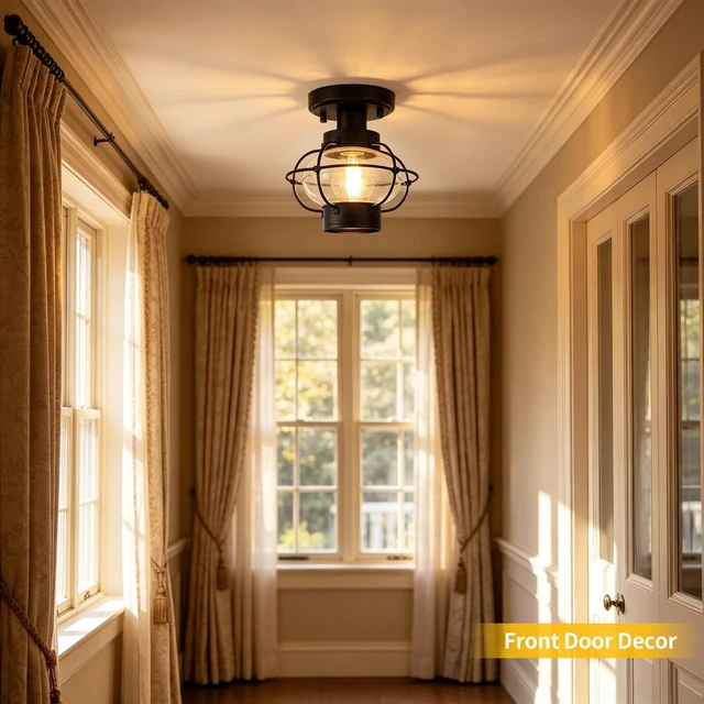 Alt view image 7 of 7 - Porch Ceiling Light, Farmhouse Industrial Flush Mount, Glass Globe E26
