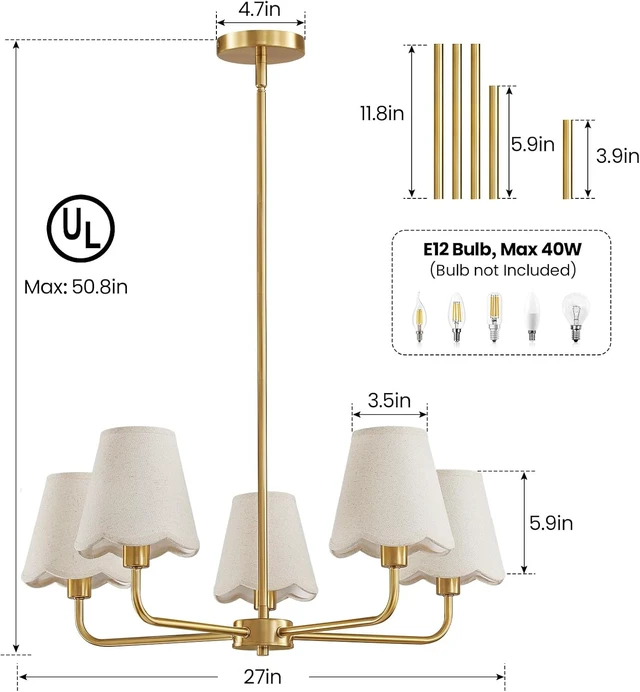 Alt view image 6 of 7 - KAISITE Modern Gold Chandelier 5-Light Farmhouse Chandelier for Dining Room Industrial Dining Kitchen Light Fixture Over Table Ceiling Chandelier for Bedroom Living Room Foyer Entryway