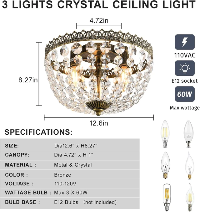 Alt view image 2 of 7 - Crystal Flush Mount Ceiling Light Fixture French Empire Chandelier