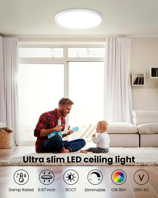 Alt view image 2 of 7 - 8Inch Low Profile Ceiling Light, 15W 1200LM 5CCT Ultra Thin Surface Mount Light for Wet Location, No Flicker and Dimmable Flush Mount Lighting, 8 Inch 4Pack Gold