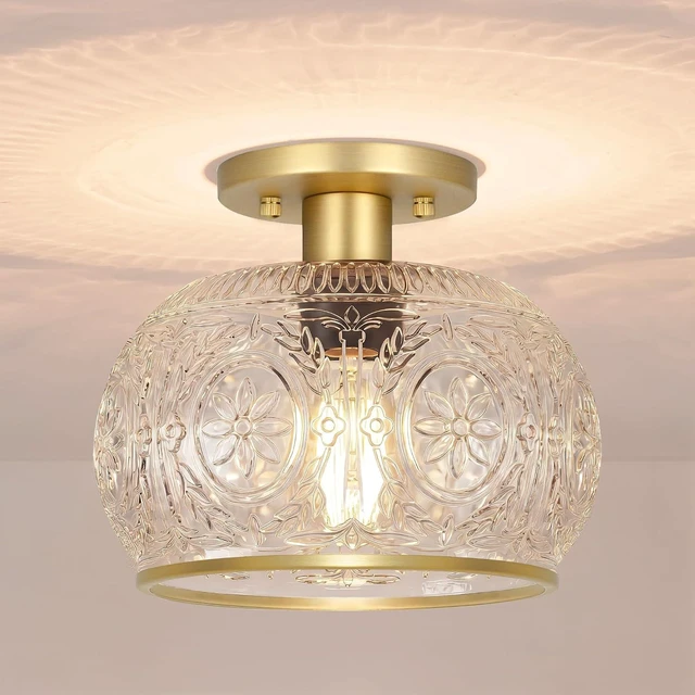 Main image of Gold Semi-Flush Mount Ceiling Light with Globe Glass Vintage Ceiling Lighting for Hallway, Kitchen, Entryway, Bathroom & Closet