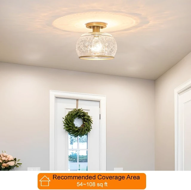 Alt view image 2 of 7 - Gold Semi-Flush Mount Ceiling Light with Globe Glass Vintage Ceiling Lighting for Hallway, Kitchen, Entryway, Bathroom & Closet