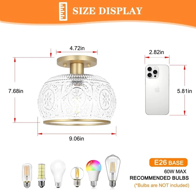 Alt view image 3 of 7 - Gold Semi-Flush Mount Ceiling Light with Globe Glass Vintage Ceiling Lighting for Hallway, Kitchen, Entryway, Bathroom & Closet