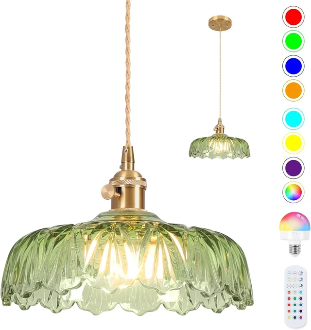Main image of Battery Operated Pendant Light,Vintage Light Fixtures RGB Light Bulb 2500mAh 9.4in Green Modern Chandelier with Remote Control Wireless Adjustable Rechargeable Chandelier for Kitchen Island 1Light
