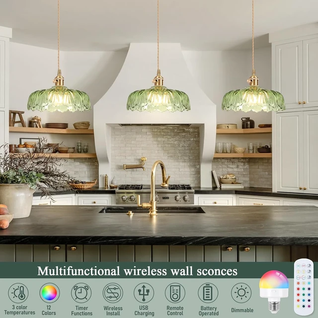 Alt view image 2 of 7 - Battery Operated Pendant Light,Vintage Light Fixtures RGB Light Bulb 2500mAh 9.4in Green Modern Chandelier with Remote Control Wireless Adjustable Rechargeable Chandelier for Kitchen Island 1Light