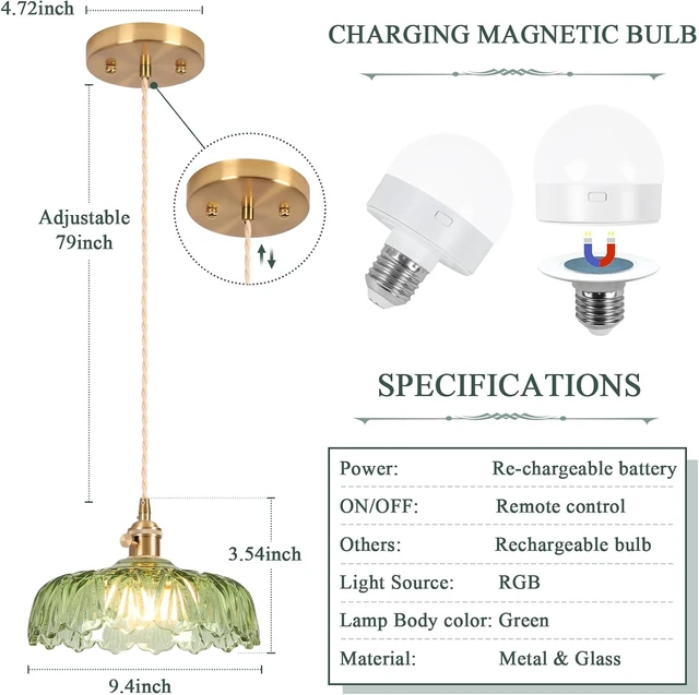 Alt view image 3 of 7 - Battery Operated Pendant Light,Vintage Light Fixtures RGB Light Bulb 2500mAh 9.4in Green Modern Chandelier with Remote Control Wireless Adjustable Rechargeable Chandelier for Kitchen Island 1Light