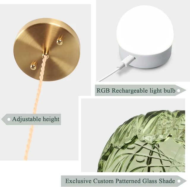 Alt view image 5 of 7 - Battery Operated Pendant Light,Vintage Light Fixtures RGB Light Bulb 2500mAh 9.4in Green Modern Chandelier with Remote Control Wireless Adjustable Rechargeable Chandelier for Kitchen Island 1Light