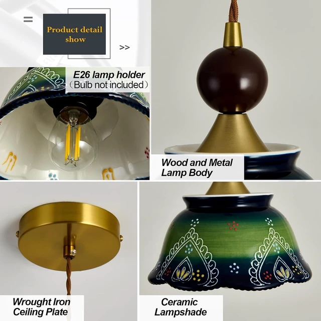 Alt view image 3 of 7 - vintage ceramic pendant light 1-Light Green Adjustable Cord Chandelier