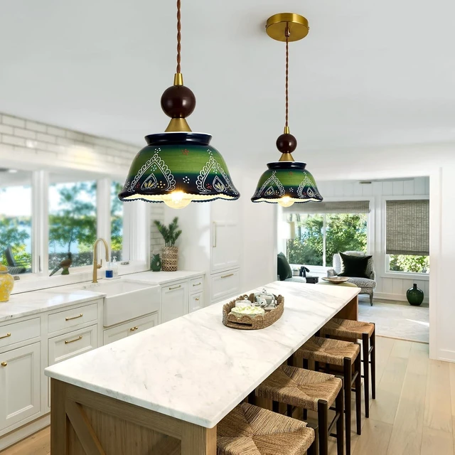 Alt view image 6 of 7 - vintage ceramic pendant light 1-Light Green Adjustable Cord Chandelier