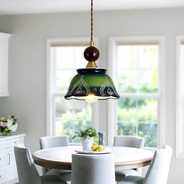 Alt view image 7 of 7 - vintage ceramic pendant light 1-Light Green Adjustable Cord Chandelier