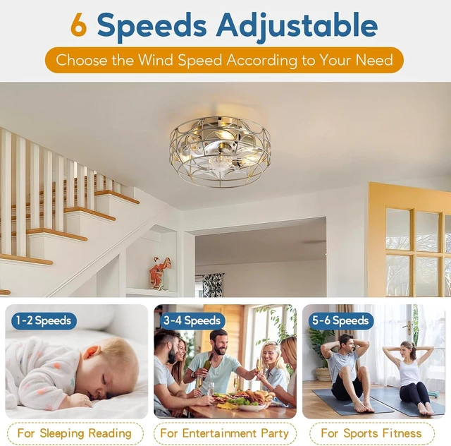 Alt view image 2 of 7 - Nickel Caged Ceiling Fans with Lights and Remote,6 Speeds,12 inch Industrial Flush Mount Ceiling Fan with Light, Modern Bladeless Fan Lights Ceiling Fixtures for Kitchen, Bedroom,Indoor