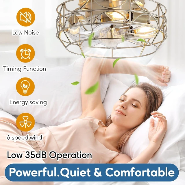 Alt view image 3 of 7 - Nickel Caged Ceiling Fans with Lights and Remote,6 Speeds,12 inch Industrial Flush Mount Ceiling Fan with Light, Modern Bladeless Fan Lights Ceiling Fixtures for Kitchen, Bedroom,Indoor