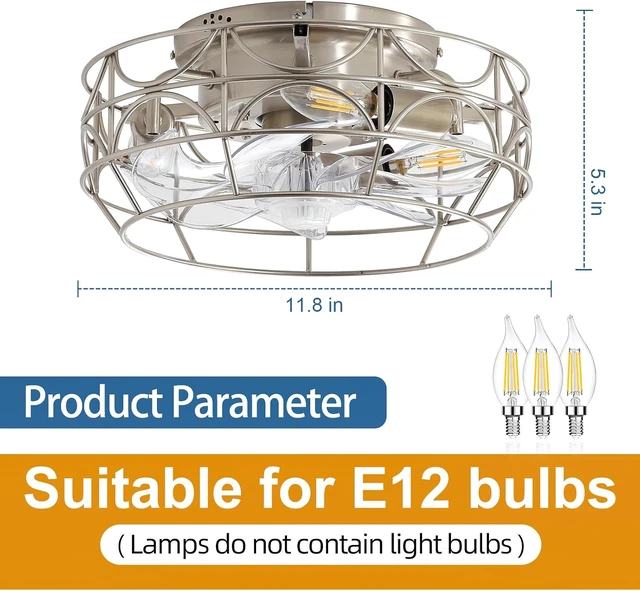 Alt view image 6 of 7 - Nickel Caged Ceiling Fans with Lights and Remote,6 Speeds,12 inch Industrial Flush Mount Ceiling Fan with Light, Modern Bladeless Fan Lights Ceiling Fixtures for Kitchen, Bedroom,Indoor
