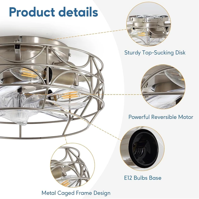 Alt view image 4 of 7 - Nickel Caged Ceiling Fans with Lights and Remote,6 Speeds,12 inch Industrial Flush Mount Ceiling Fan with Light, Modern Bladeless Fan Lights Ceiling Fixtures for Kitchen, Bedroom,Indoor