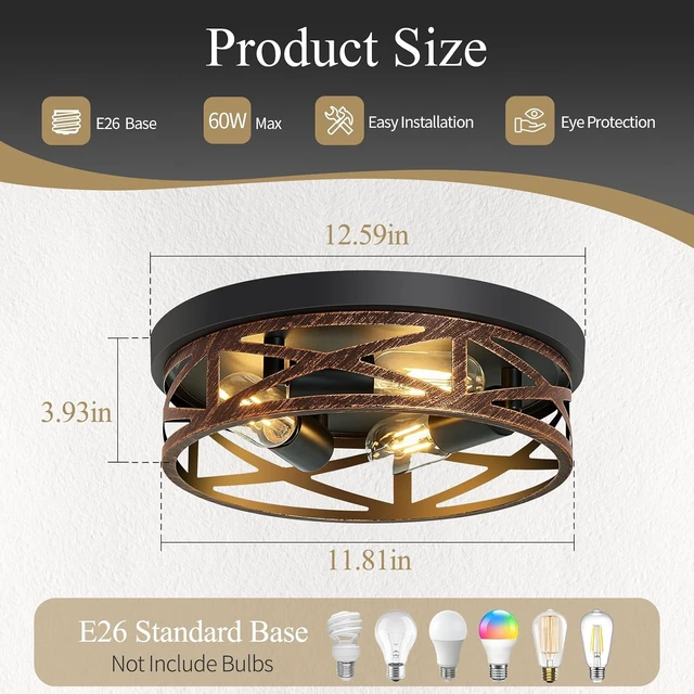 Alt view image 2 of 7 - SKEJAO Flush Mount Ceiling Light Fixture,Vintage Metal Black Hallway Light Fixtures Ceiling,Light Fixtures Ceiling Mount for Farmhouse,Kitchen,Hall,Brown(1 Pack (Retro Metal Black, 13.11 inch)