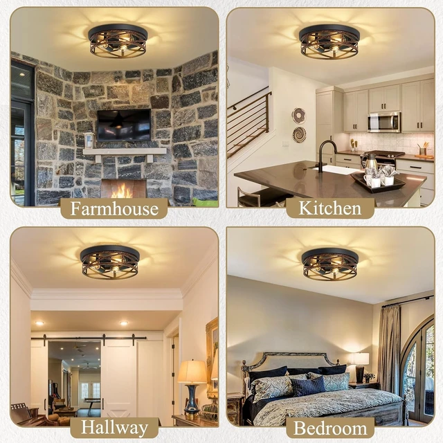 Alt view image 5 of 7 - SKEJAO Flush Mount Ceiling Light Fixture,Vintage Metal Black Hallway Light Fixtures Ceiling,Light Fixtures Ceiling Mount for Farmhouse,Kitchen,Hall,Brown(1 Pack (Retro Metal Black, 13.11 inch)