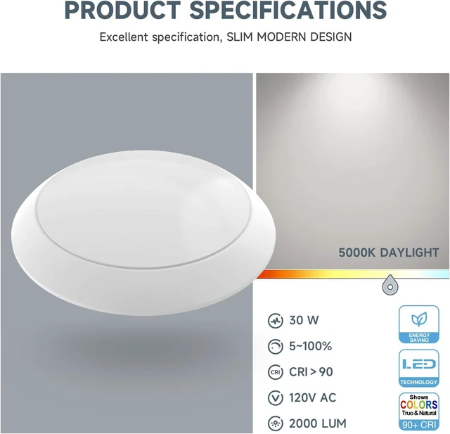 Alt view image 2 of 7 - ECOELER 8 Inch Round Flush Mount Ceiling Light LED Disc Light, Round Dimmable Lighting Fixture, 30W 2000Lm, 5000K Day Light, Aluminum Trim Matte White Finish, ETL Listed