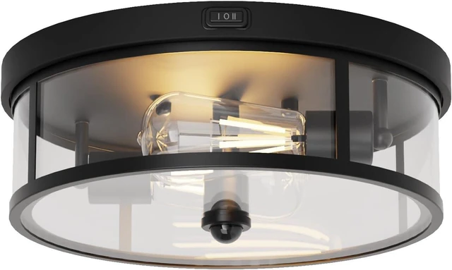 Main image of Outdoor Flush Mount Ceiling Light - 12.5in Motion Sensor Porch Light, 2-Light E26 Socket, Durable Iron & Clear Glass, Light Fixtures for Porch, Driveway, Covered Patio, Farmhouse