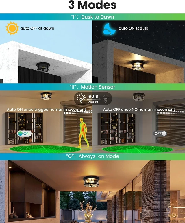 Alt view image 2 of 7 - Outdoor Flush Mount Ceiling Light - 12.5in Motion Sensor Porch Light, 2-Light E26 Socket, Durable Iron & Clear Glass, Light Fixtures for Porch, Driveway, Covered Patio, Farmhouse