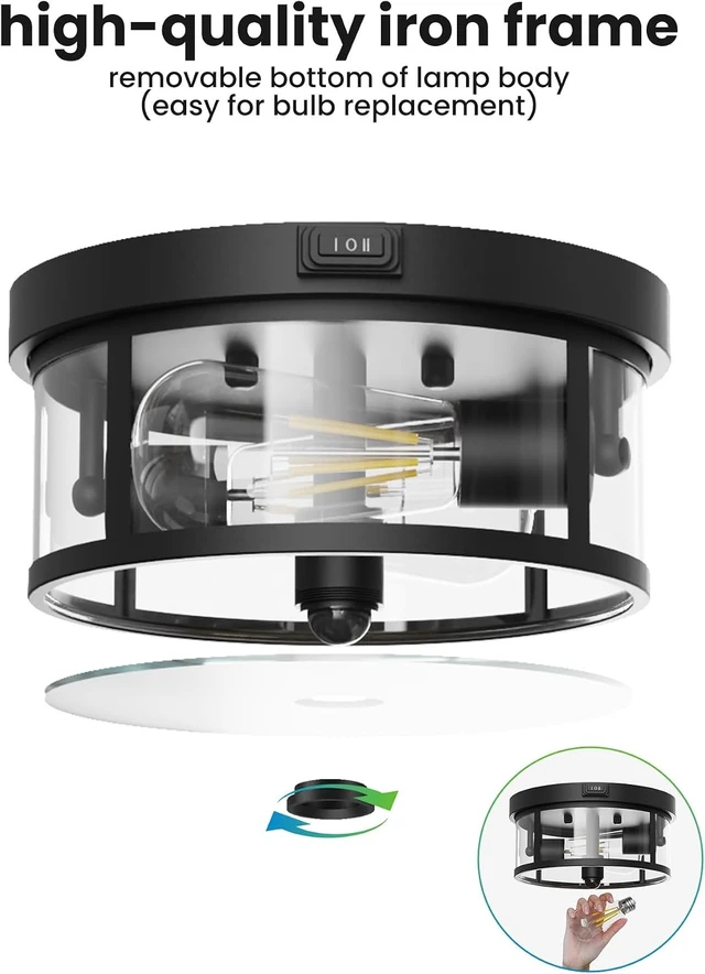 Alt view image 5 of 7 - Outdoor Flush Mount Ceiling Light - 12.5in Motion Sensor Porch Light, 2-Light E26 Socket, Durable Iron & Clear Glass, Light Fixtures for Porch, Driveway, Covered Patio, Farmhouse