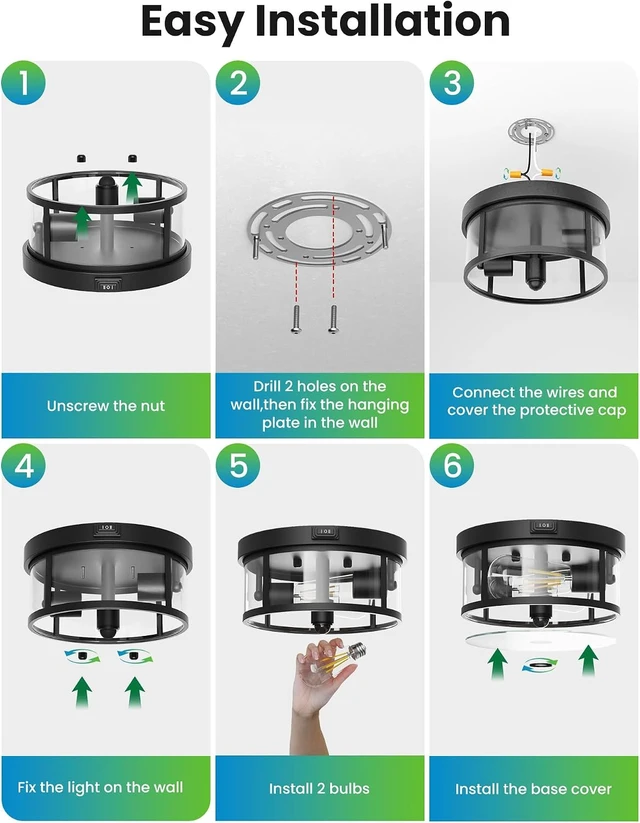Alt view image 7 of 7 - Outdoor Flush Mount Ceiling Light - 12.5in Motion Sensor Porch Light, 2-Light E26 Socket, Durable Iron & Clear Glass, Light Fixtures for Porch, Driveway, Covered Patio, Farmhouse