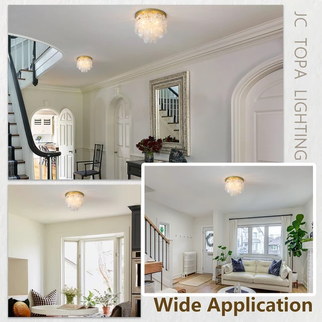 Alt view image 2 of 7 - 3-Lights Capiz Shell Ceiling Light Fixtures, Gold Boho Flush Mount Ceiling Light for Living Room, Bedroom, Kitchen Island, Foyer, Entryway, Seashell Coastal