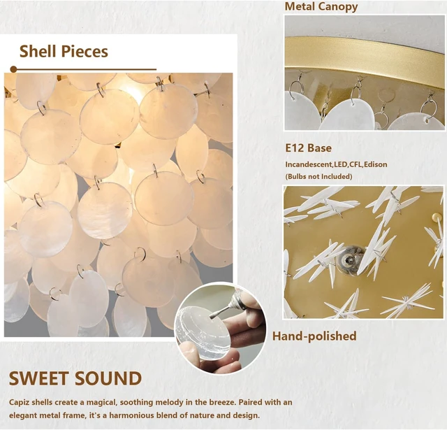 Alt view image 4 of 7 - 3-Lights Capiz Shell Ceiling Light Fixtures, Gold Boho Flush Mount Ceiling Light for Living Room, Bedroom, Kitchen Island, Foyer, Entryway, Seashell Coastal